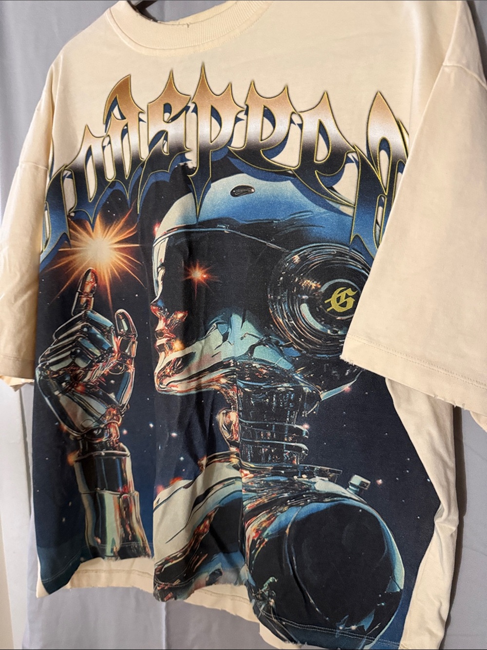 Beige Graphic Short-Sleeve Tee with Futuristic Robot Print